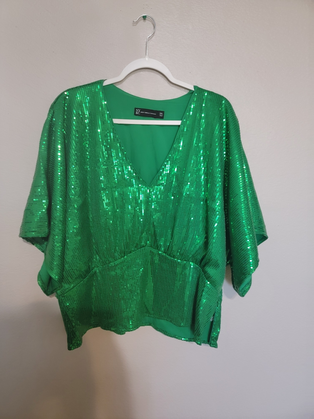 New York & Company Shimmery Emerald Sequin V-Neck Tunic